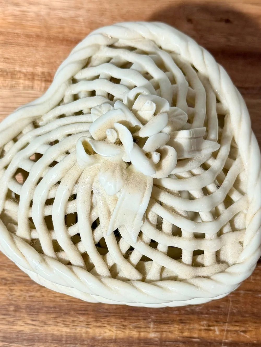 Vintage Ivory Lattice Heart shaped Ceramic Trinket Basket
